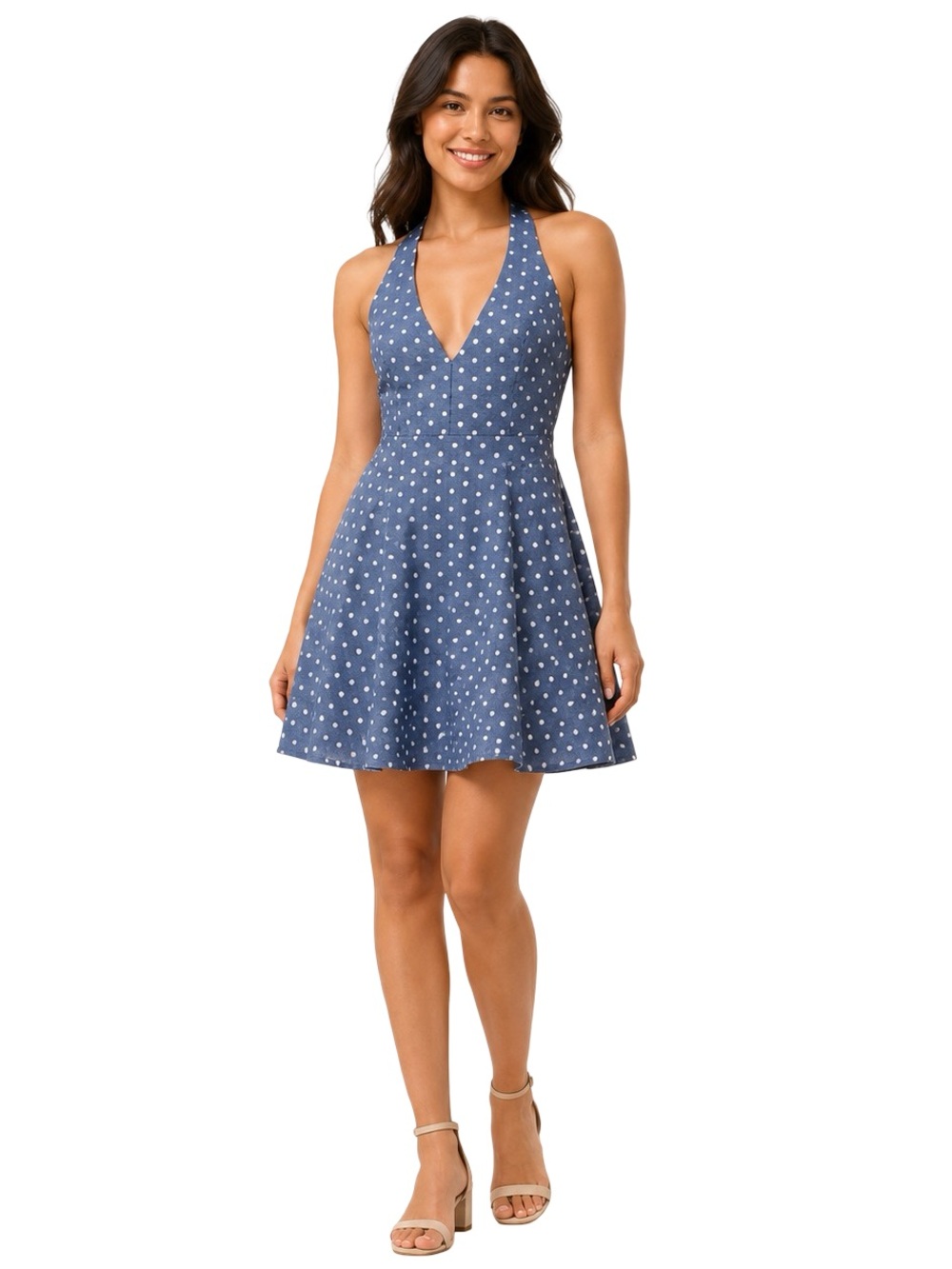 NWT City Studio Blue Polka Dot Halter Bow Back Fit & Flare Dress Jr 9